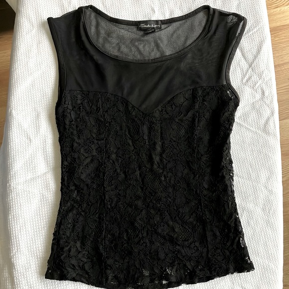 Black mesh and lace sleeveless top - Picture 1 of 10